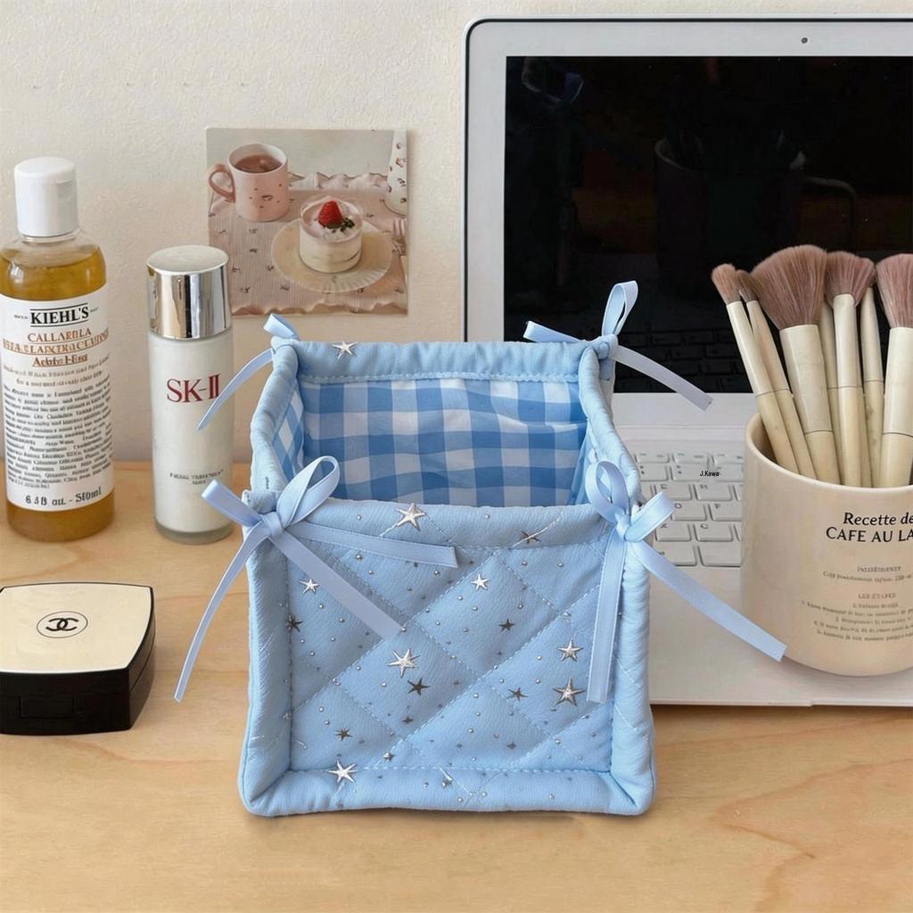 Korean Pink Plaid Quilted Storage Basket - Aesthetic Living Room & Bedside Organizer
