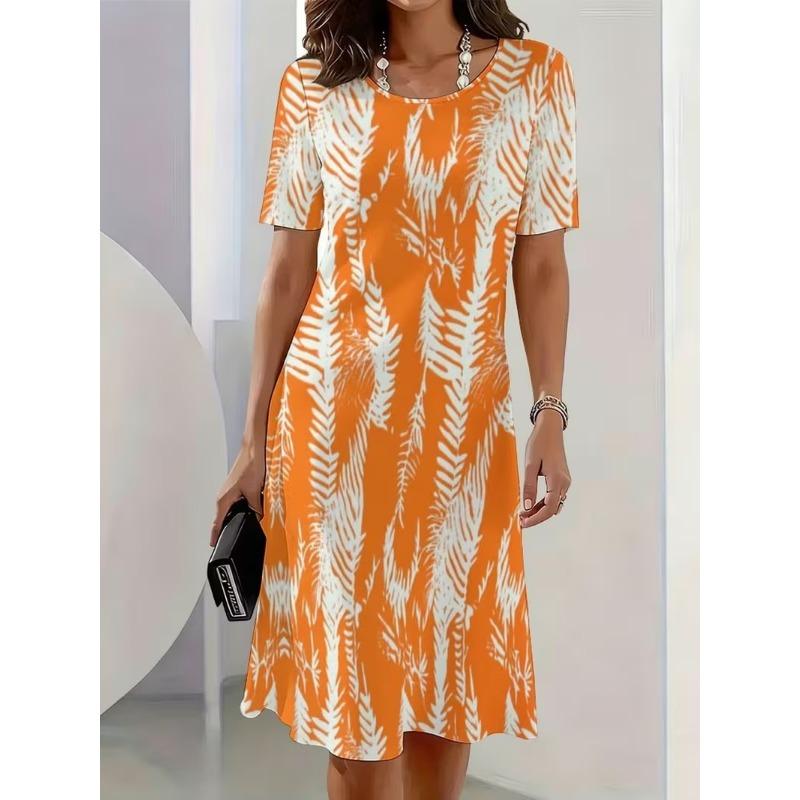Summer Women Dress Casual Loose Short Sleeve O-Neck Print Mini Dress