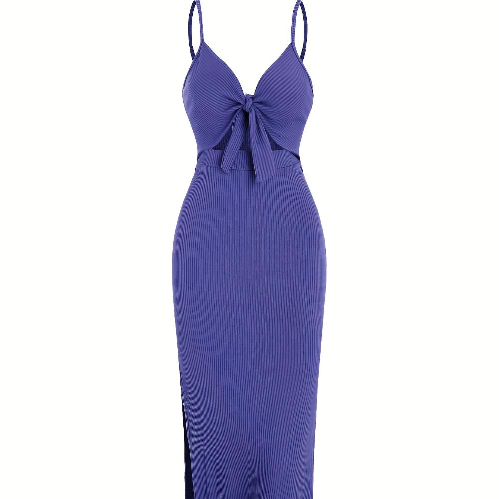 Modisches, schlichtes, ärmelloses Trägerkleid aus Strick für Frühling und Sommer, mit tiefem Rückenausschnitt und sexy langem Rock mit Ausschnitt.