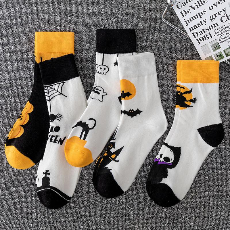 Warm Autumn Winter Halloween Cartoon Funny Socks Pumpkin Witch Motif Design Mid Tube Sports Socks Versatile for Men and Women