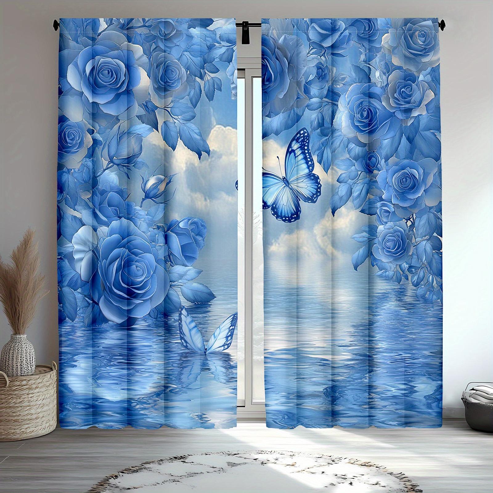2pcs Blue Rose Floral Curtains, Butterfly Print & Rustic Farm Style Dreamy Bedroom Drapes 60×150