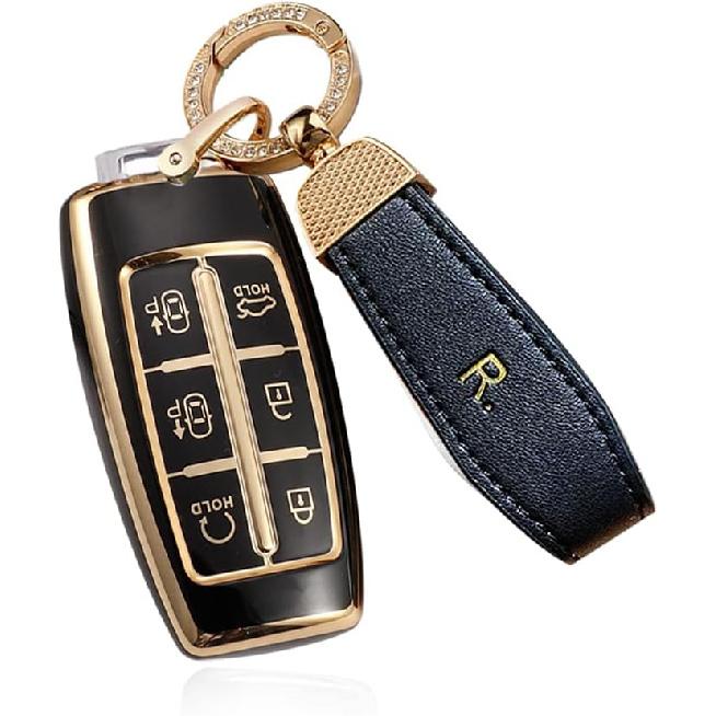 SANRILY Goldrand 6-Tasten Schlüsselanhänger Hülle für Genesis GV70 2021 2022 G90 G70 G80 GV80 Keyless Vollschutz Schlüsselanhänger Hülle mit Leder Schlüsselanhänger