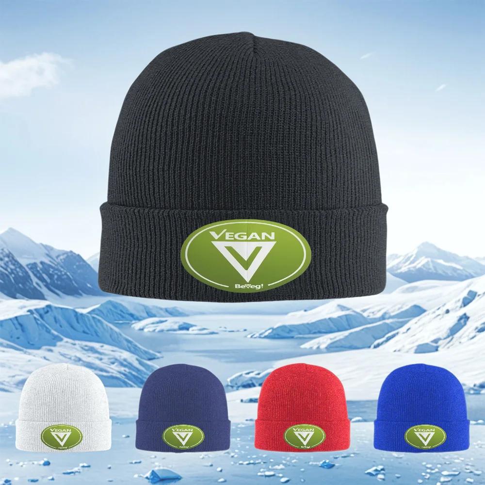 Vegan emblem white symbol green circle Unisex Women Unisex Knitted Hat Beanie Pullover Cap Winter Thermal Warm Christmas Outdoor Cy