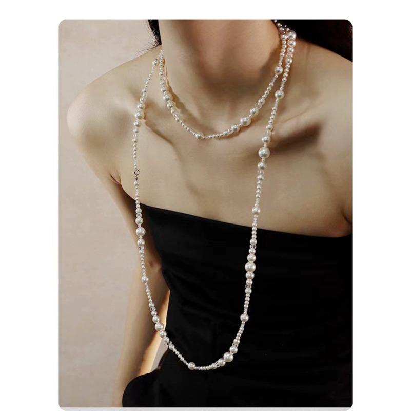 European and American Broken Sense Layered Pearl Sweater Chain Three-layer Asymmetric Necklace Women's French Multi-layer Pearl Necklace