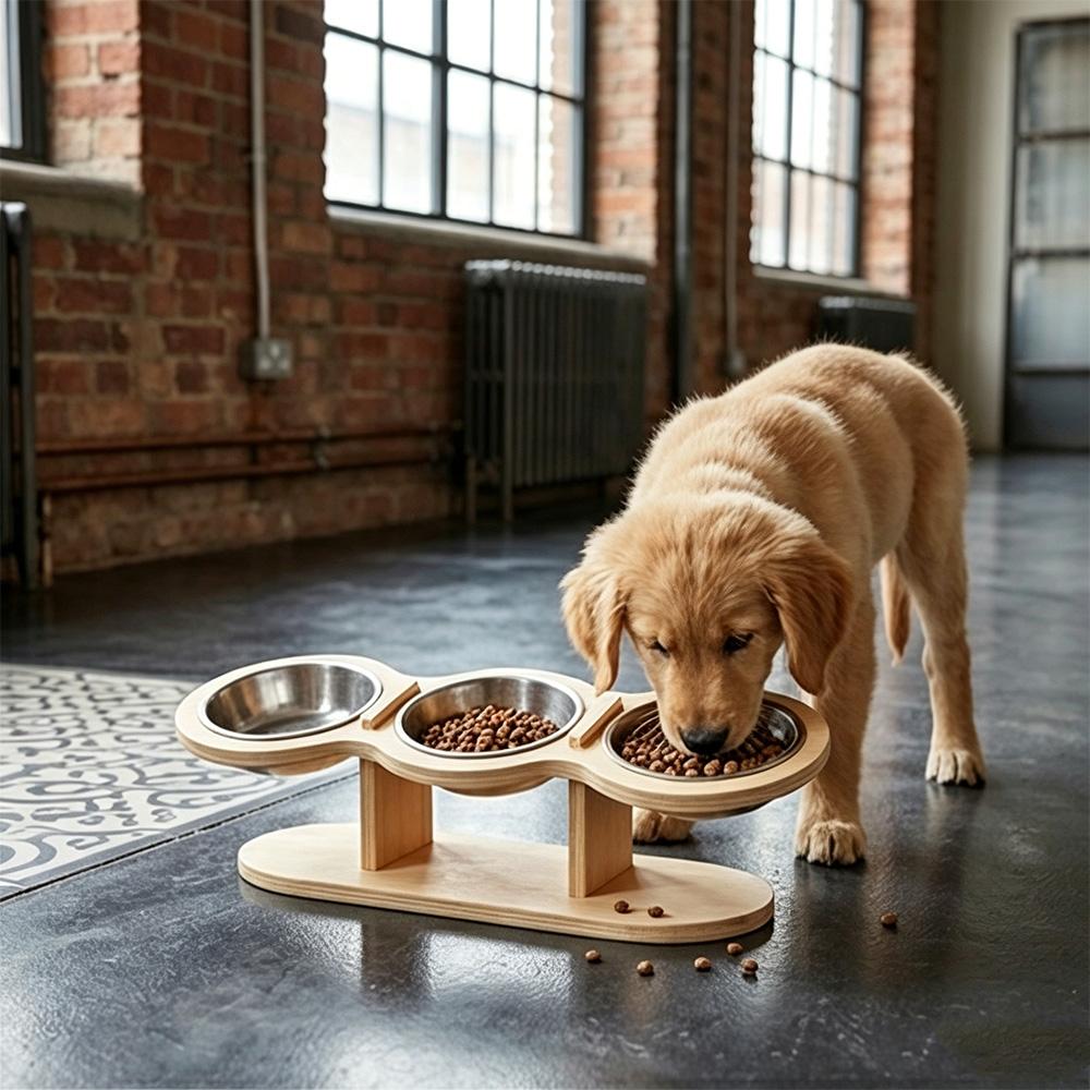 3-in-1 Elevated Pet Feeder Wooden Raised Stand with 3 Stainless Steel Bowls Neck Protection Food Water Dish for Cats Small Dogs
