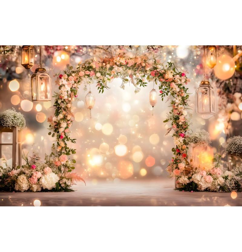 Fundo Romântico de Arco de Flores para o Dia dos Namorados, Decoração com Lanternas para Casamento, Noivado, Estúdio de Fotografia