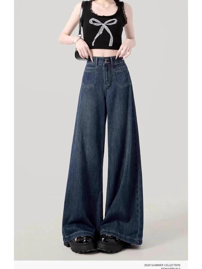 Plus Size Women's Retro Fleece-Lined Jeans: Loose High-Waisted Slimming Straight-Wide Leg Pants for Autumn/Winter 2024