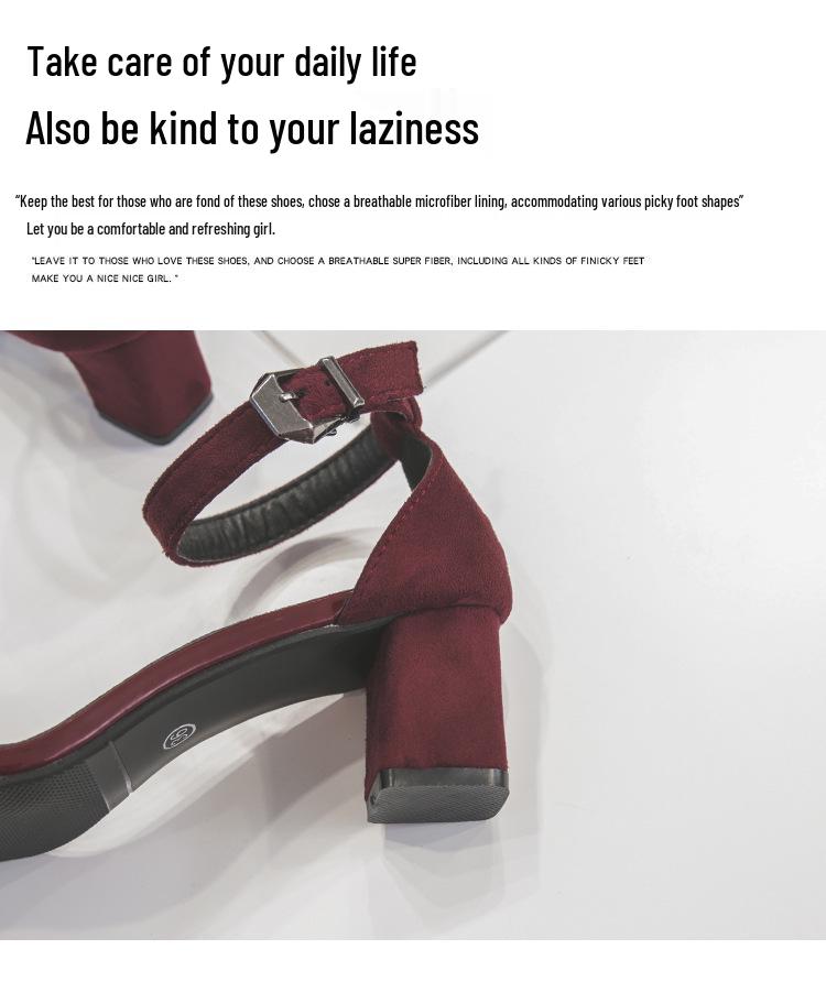 Women's Black Suede Thick Heeled One-Strap Sandals - 2024 Summer Casual Versatile High Heels