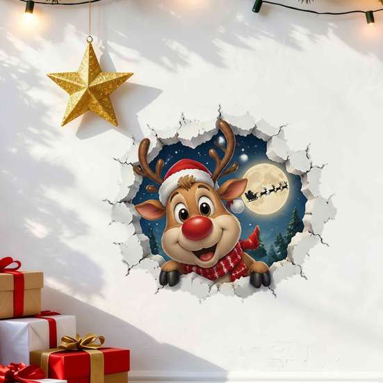 Holiday Window Clings 3D Christmas Wall Stickers, Self?Adhesive PVC Decals, Reindeer Santa Store Gingerbread Snowman Xmas Decor for Bedroom