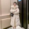 Down jacket women's medium and long 2024 winter new fashion niche design sense white duck down thickened large fur collar jacket