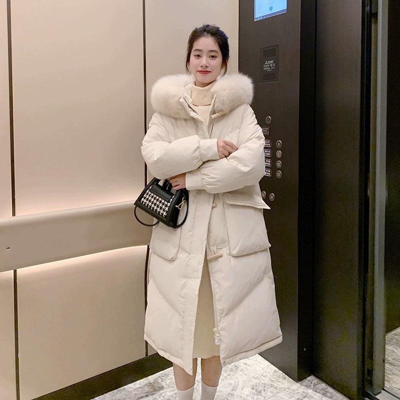 Down jacket women's medium and long 2024 winter new fashion niche design sense white duck down thickened large fur collar jacket