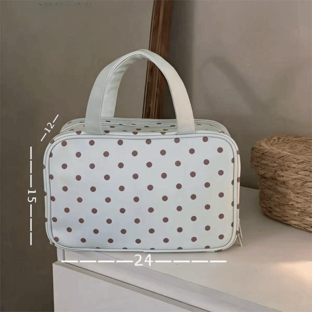 Portable Polka Dot Makeup Bag Large Capacity with Handle Cosmetic Bag Three Layer PU Travel Toiletry Bag