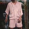 Fashion Men Two Piece Set Casual Cotton Linen Solid Loose Outfits Summer Half Sleeve V-Neck T-Shirt And Shorts Suits For Mens