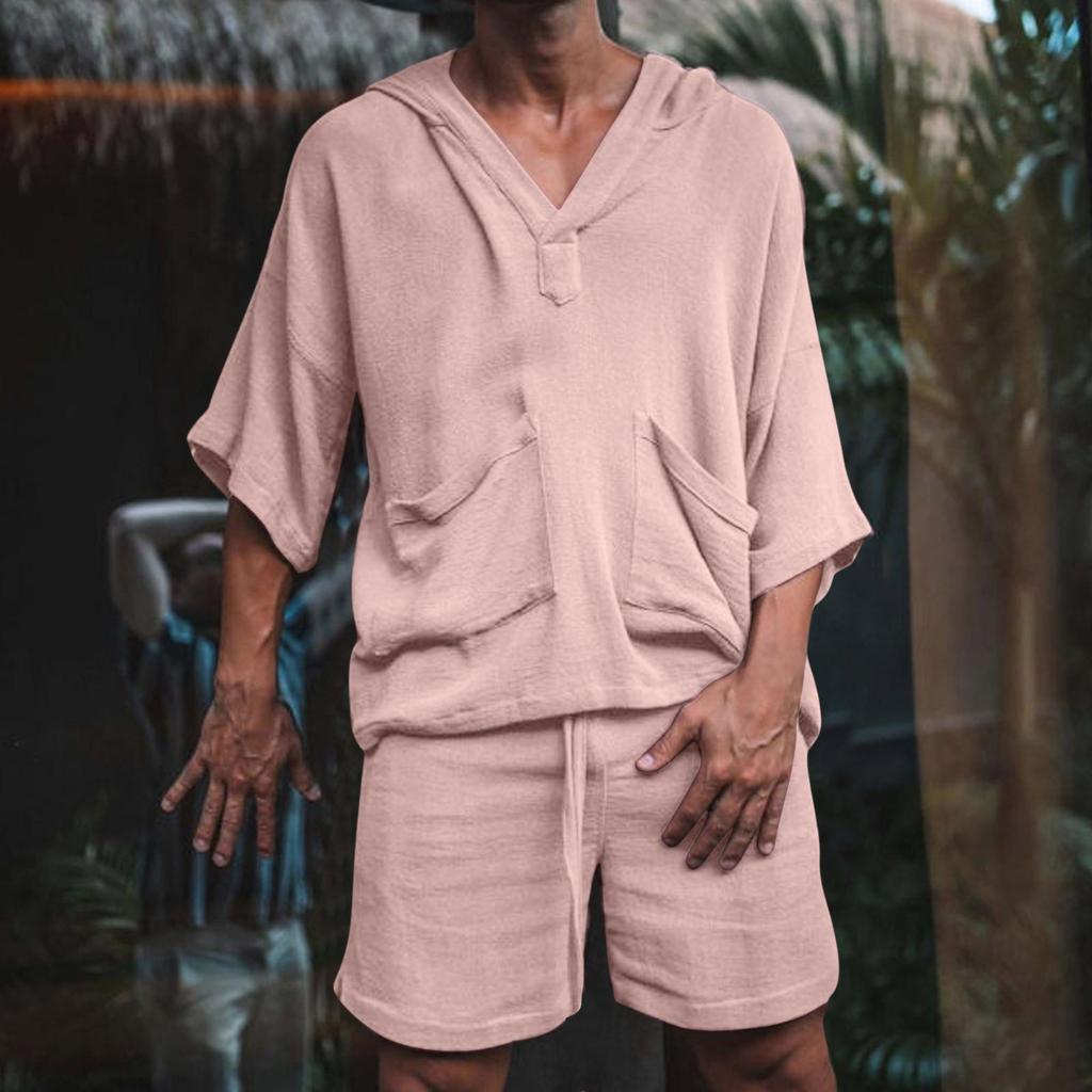 Fashion Men Two Piece Set Casual Cotton Linen Solid Loose Outfits Summer Half Sleeve V-Neck T-Shirt And Shorts Suits For Mens
