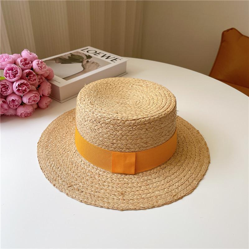 Raffia Boater Hats Women Summer Hat with Ribbon Band flat top Sun Hat Wide Brim Beach Hat Ladies Canotier Hat