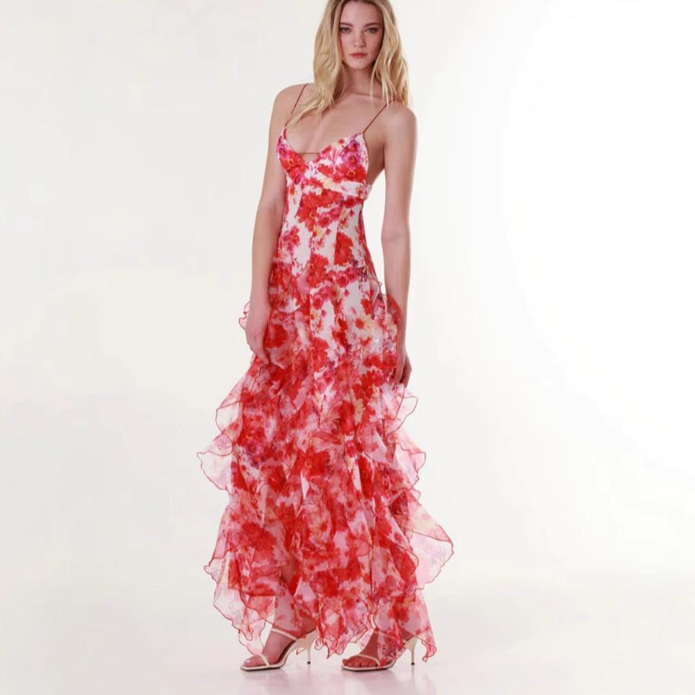 Off-the-shoulder European and American Women's Clothing Fashion Chiffon Printing Fairy Long Temperament Evening Dress Dress