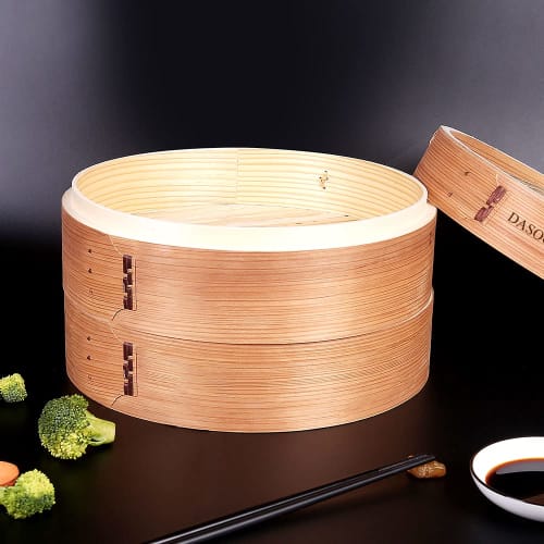 Dasoguy Premium 18cm Handmade Wooden Steamer with Two-Tier Steaming Basket for Dumplings, Dim Sum, Baozi, Rice, Vegetables, Meat, and Fish, Ideal for