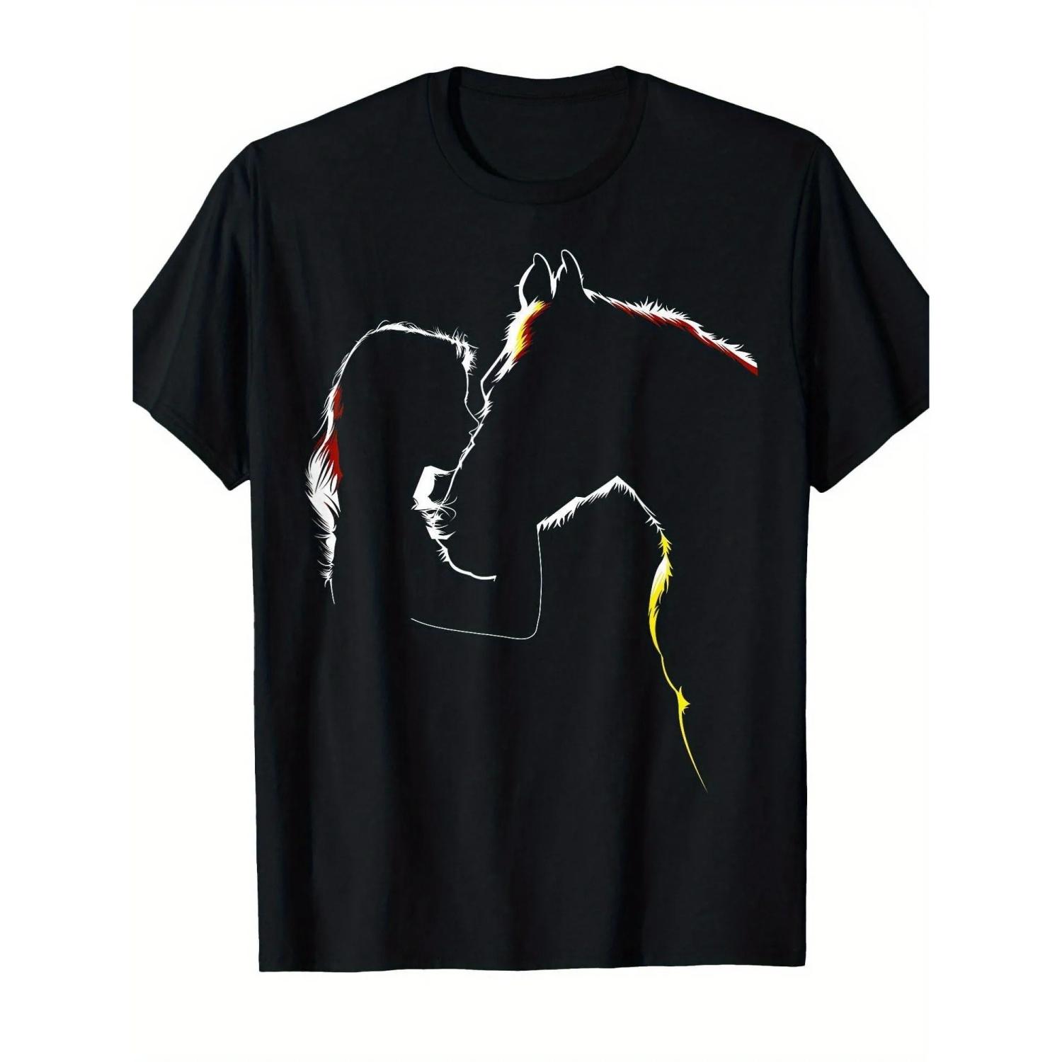 

Horse and Girl Silhouette Graphic T-Shirt Women Breathable Crew Neck Tee for Western Style Outdoors S чёрный