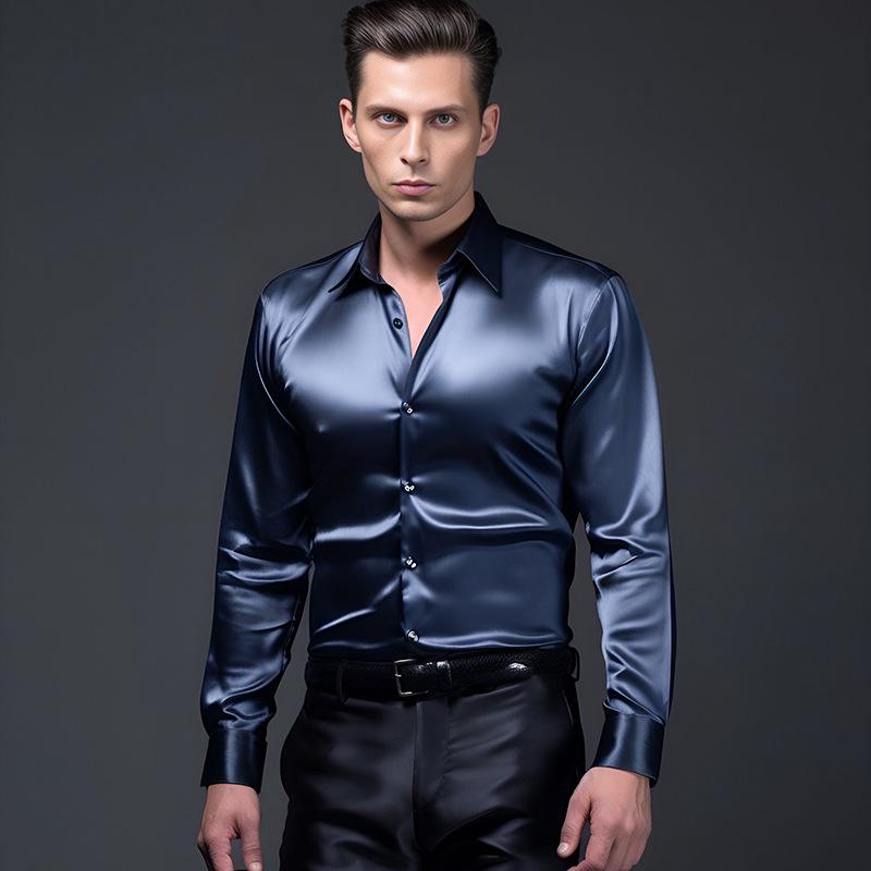 2026 Men s Shiny Long Sleeve Casual Shirt - European Size, Autumn Fashion S темно-синий