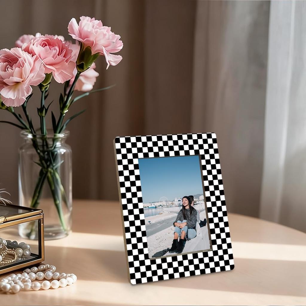 Black and White Checkered Picture Frame, Modern Geometric Pattern Frame for 4x6 Inches Photo, Display On Table Top Desk, Black and White Racing Flag