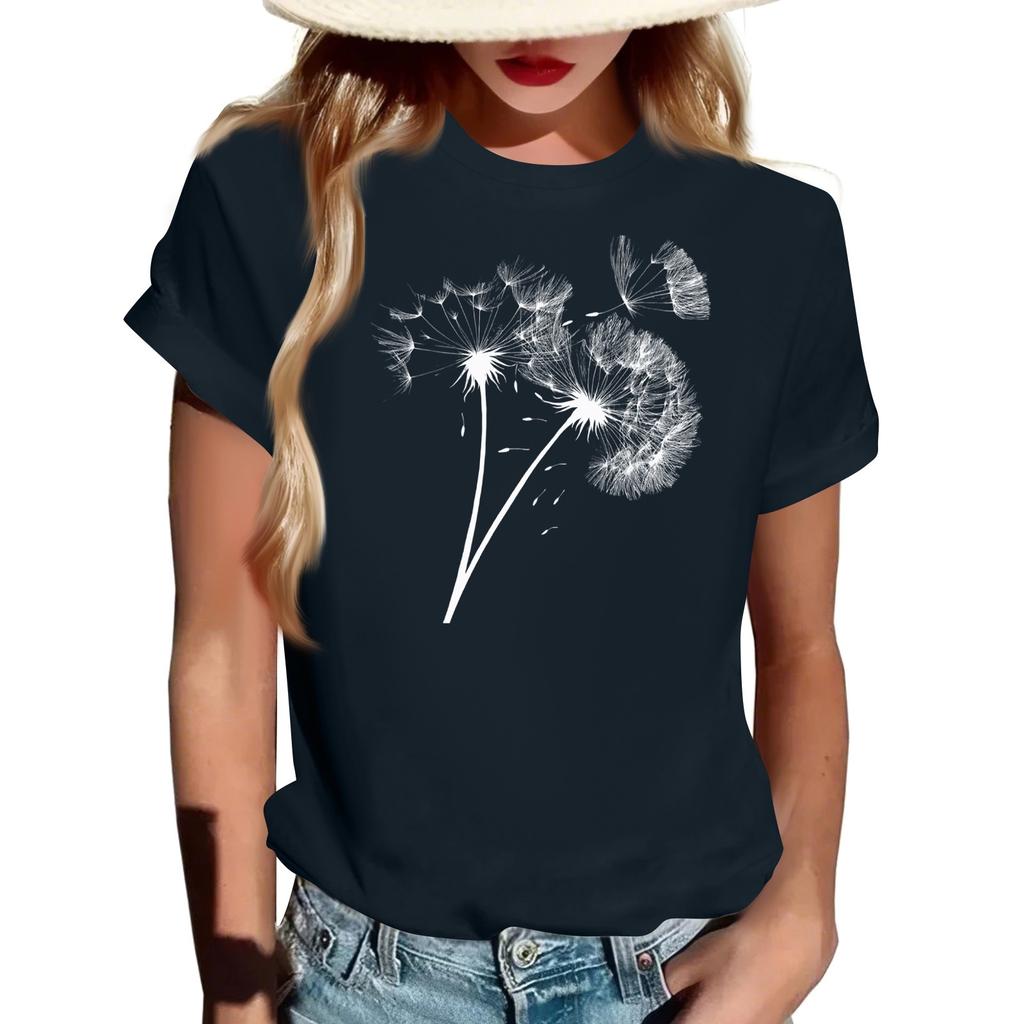 Women's Fashionable Round Neck Casual Retro Print Short Sleeved T-shirt Top