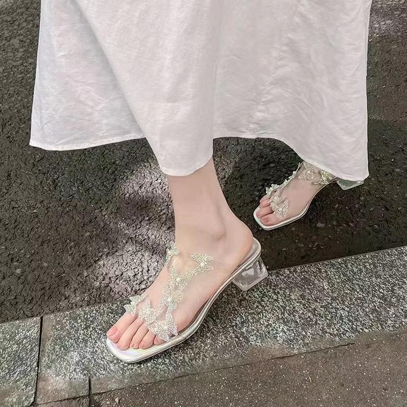 Fashion Rhinestone Sandals Women 2025 Summer New Fairy Wind Beautiful Fashion Butterfly Crystal Heel High Heel Half Slippers Outer Wear