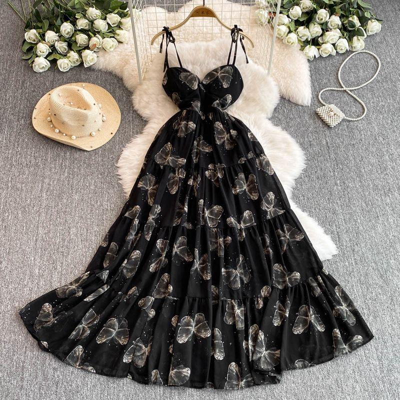 Sexy Cutout V-neck Strap Dress Women's Summer Vacation Wear Tight Waist Slimming Flounce Floral Chiffon Skirt