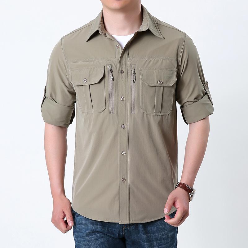 Men's Quick-Dry Military Tactical Outdoor Shirt, Long-Sleeve, Elastic, Breathable, Multi-Pocket Workwear for Spring & Autumn