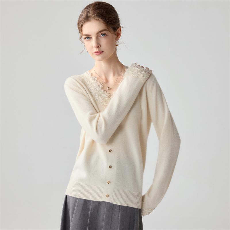 Lekasha Women's Cashmere Knitted Lace Sweater with Loose Elegant Collar