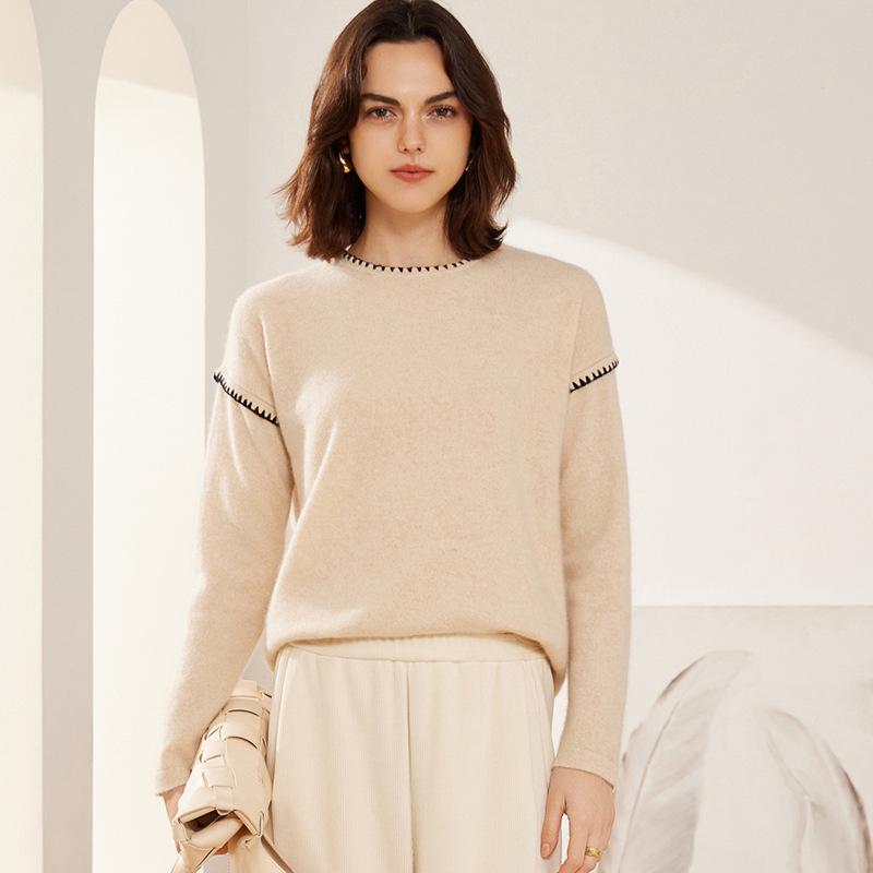 Autumn/Winter 100% Cashmere Versatile Clip-Edge Round Neck Sweater