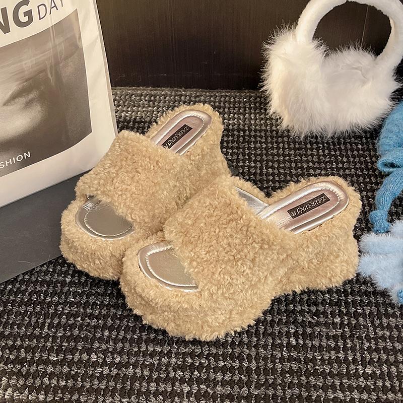 Women Wedges Platform Slippers Fur Shoes Sandals 2025 Designer New Summer High Heels Flip Flops Open Toe Slides Zapatos
