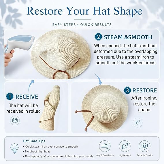 Beach Hats for Women - 33cm Sun Hat Womens, Wide Brim Straw Womens Sun Hat with Wind Lanyard Roll Up Foldable UV Protection