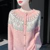 Women's Premium Wool Fair Isle Cardigan: Vintage Jacquard, Round Neck, Loose Knit Sweater for Autumn and Winter.