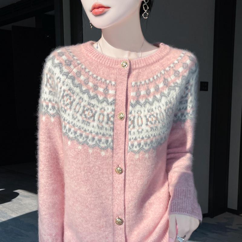 Women's Premium Wool Fair Isle Cardigan: Vintage Jacquard, Round Neck, Loose Knit Sweater for Autumn and Winter.
