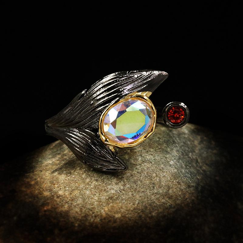 European and American Creative Inlaid with Moonstone Black Gold Branch Ring Retro Thai Silver Dyed Black Leaf Ring