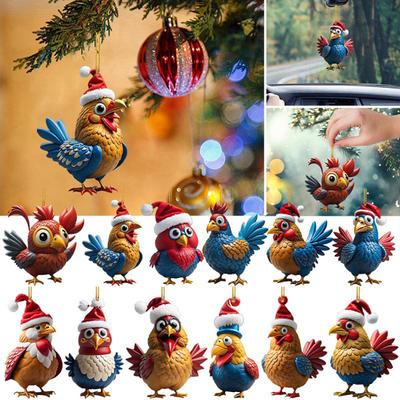 Christmas Chicken Ornament Cartoon Chicken Xmas Tree Hanging Decoration 2D Flat Acrylic Pendant for Window Door Backpack Car Decor