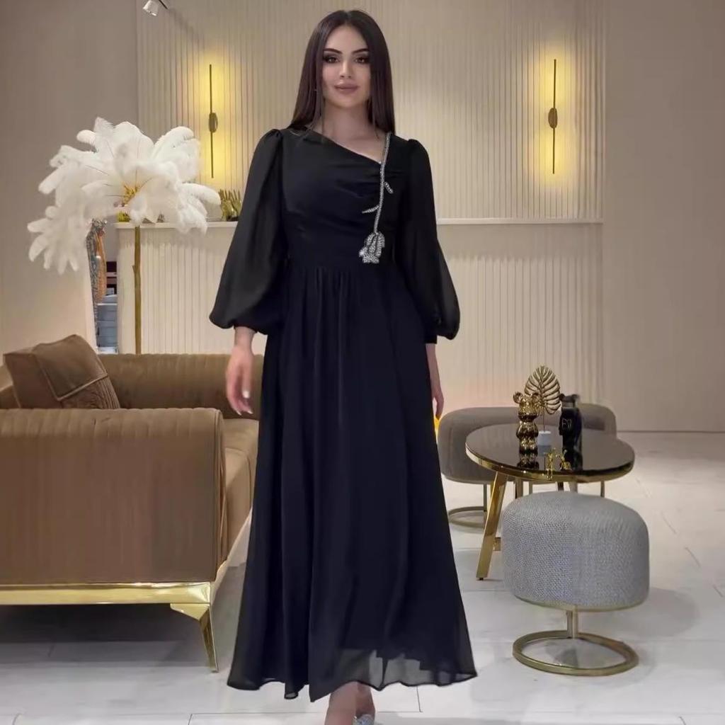 2024 Summer European & American Slimming Mesh Dress with Slanted Collar & Lantern Sleeves