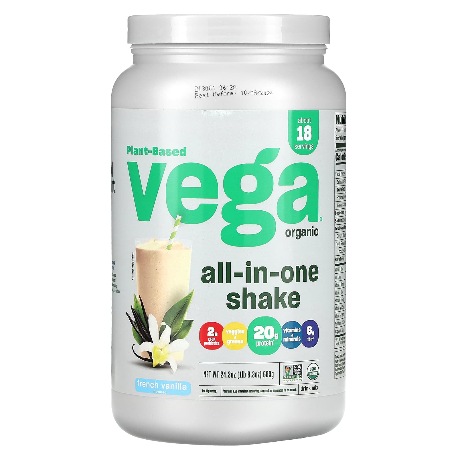 

Vega, One All-in-One Shake, French Vanilla Flavor, 1 lb 8.30 oz (689 g)