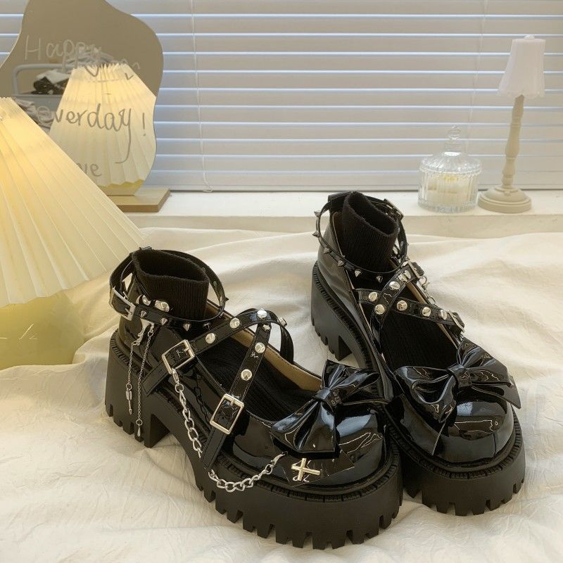 Fashion New Women's Shoes Ankle Straps Womens Pumps Platform Women Leather Bows Mary Jane Punk Gothic Chunky Heel Chaussures Femme