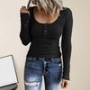 Women T-shirt Solid Color Buttons Long Sleeves Pullover Scoop Neck Warm Simple Style Soft Lady Spring Top Female Clothes