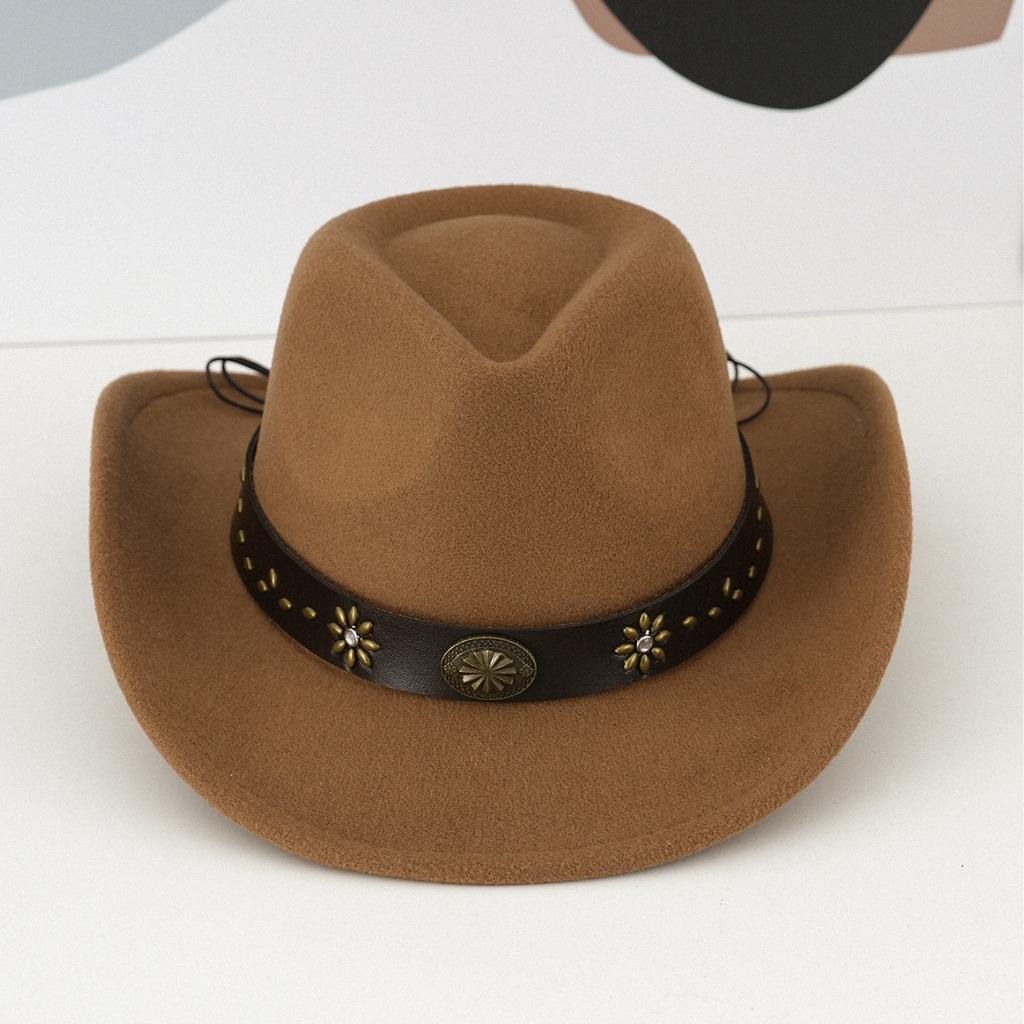 Men's and women's models, western cowboy hat, metal flower accessories pu leather belt, jazz hat, stage performance hat.