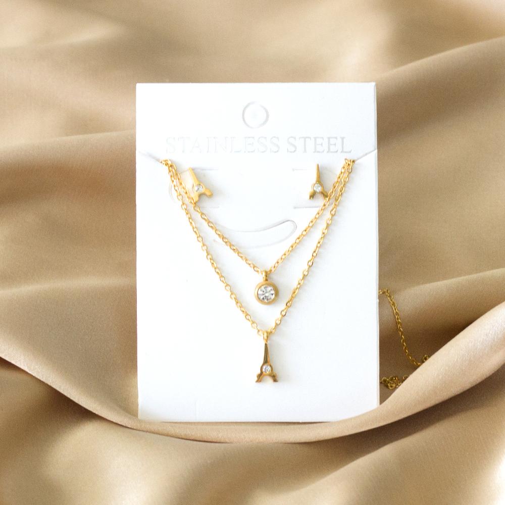 Double Chains Necklace And Earrings Zircon Sets Female Wedding Party Cubic Zirconia 316L Stainless Steel Pendant Zircon Gifts