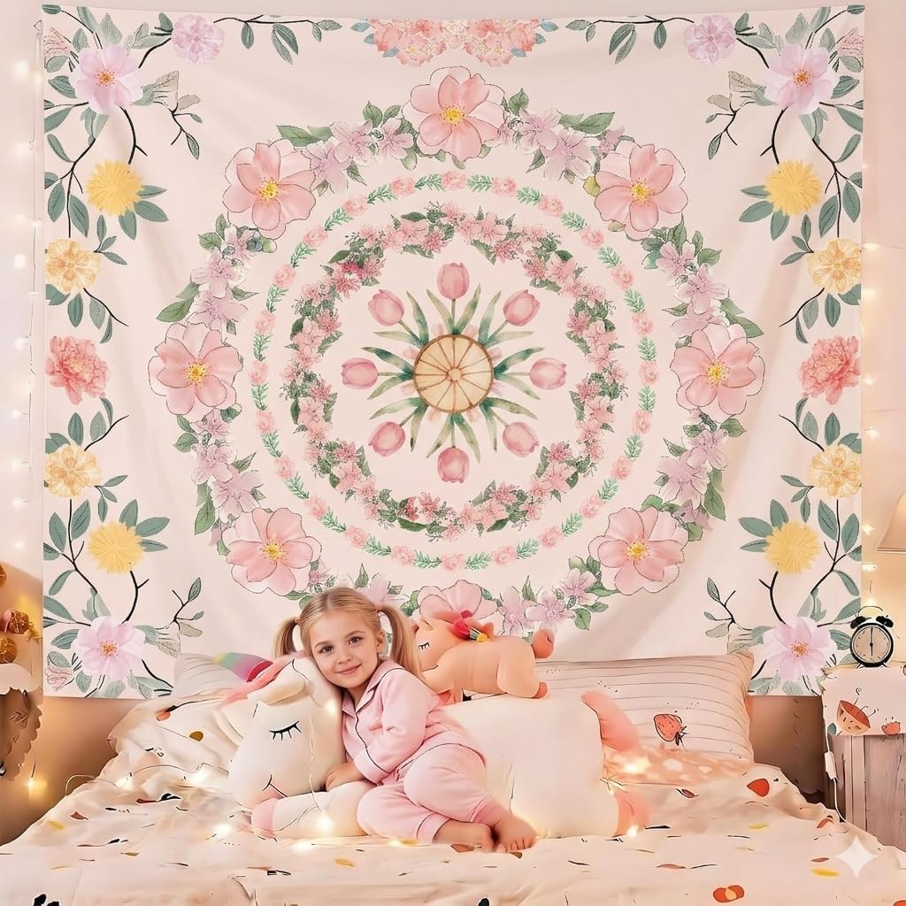 Pink Boho Mandala Floral Tapestry Wall Hanging for Bedroom, Bohemian Flower Aesthetic Cute Room Decor for Girls, Indian Style