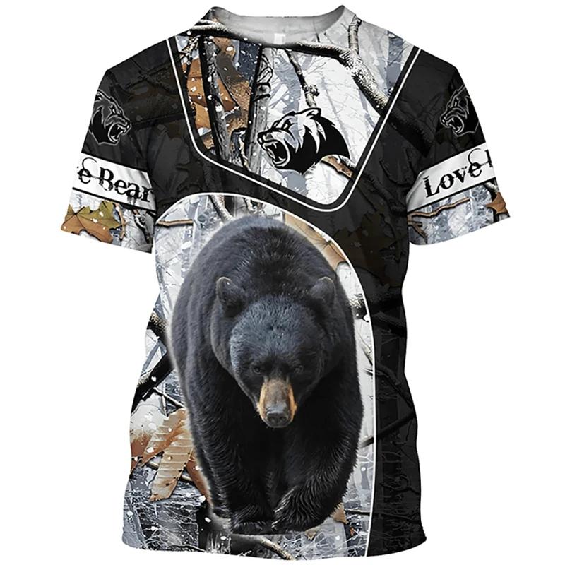 Pánské outdoorové lovecké tričko s 3D potiskem zvířete medvěda, ležérní streetwearové tričko s O-výstřihem a nadměrnou velikostí