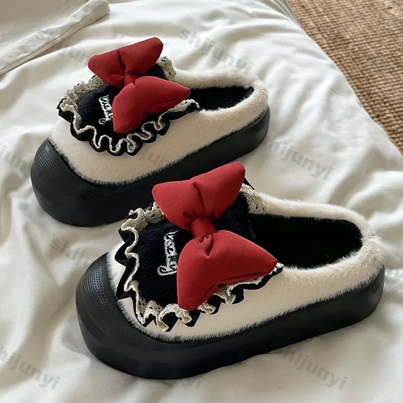 Fashion Women Cotton Slippers Girls Winter Bows Waterproof Warm Plus Velvet Slides Outdoor Warm Fluffy Slides Indoor Soft Plush Slippers