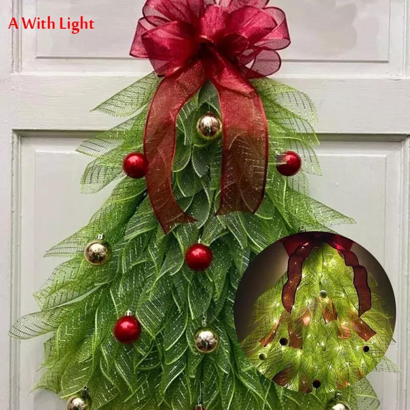 Handmade Christmas Tree Wreath For Front Door Glow Light Hanging Ornament Decor