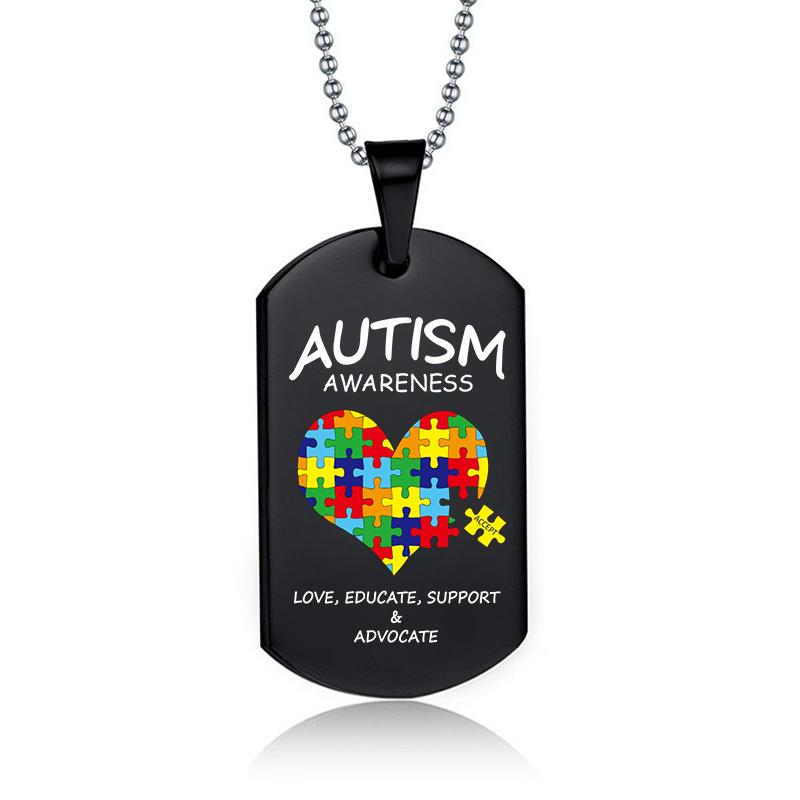 Stainless Steel Autism Awareness Puzzle Pieces Design Dog Tag Necklaces Autism Mom Dad Jewelry Necklace 24inches&Stainless Steel Necklace