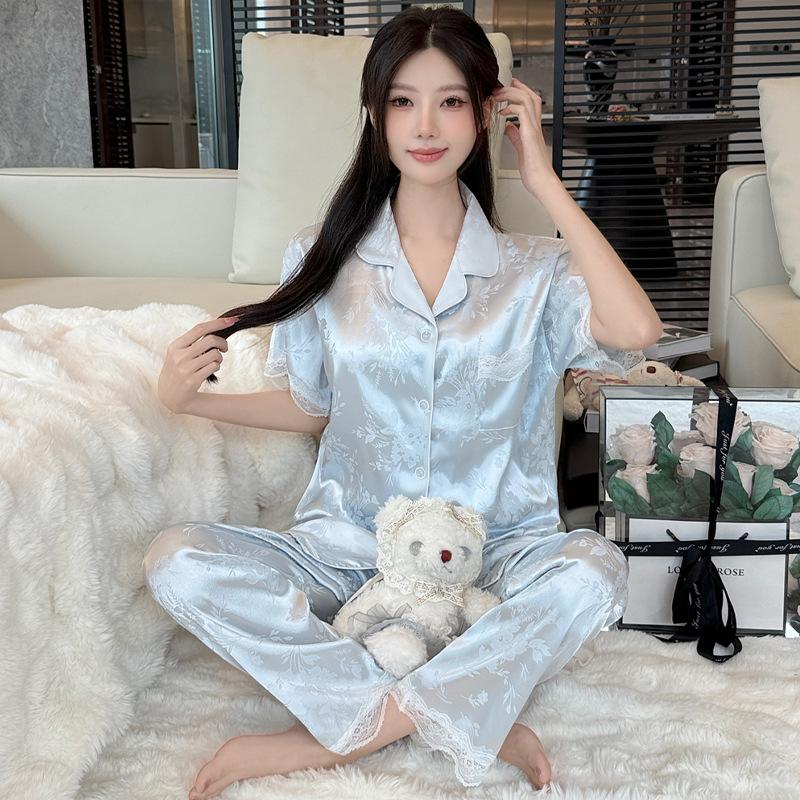 Ice Silk Pajamas Female Cute Wind Bear Summer High-End Cartoon Short-Sleeved Trousers Loungewear