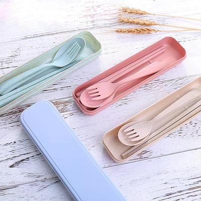 1set  Wheat Straw Tableware Fork Spoons Chopsticks Plastic Portable Tableware Set
