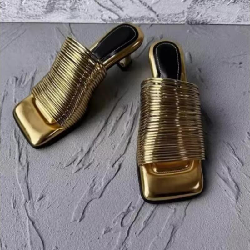 

Модные новые босоножки на шпильке с квадратным носком для женщин, блестящие однотонные туфли на высоком каблуке, повседневные полушлепанцы, дизайнерские сандалии 37 золотой